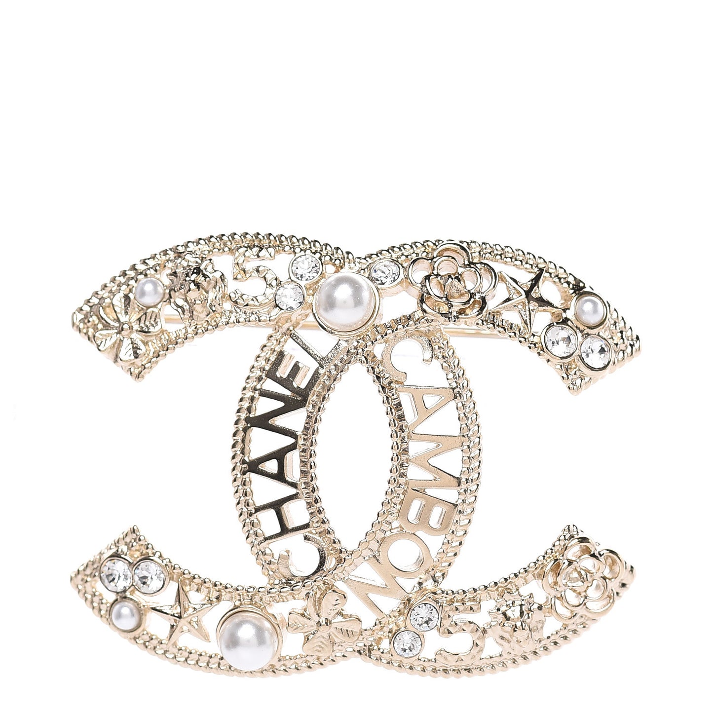 Crystal Pearl CC Charms Brooch Gold