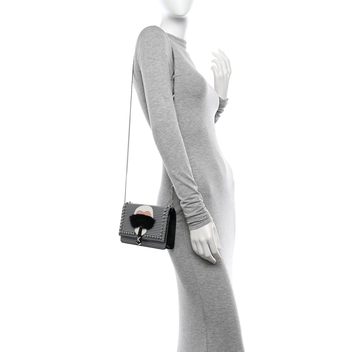 Vitello Elite Mink Fur Studded Karlito Tube Wallet On Chain Black White