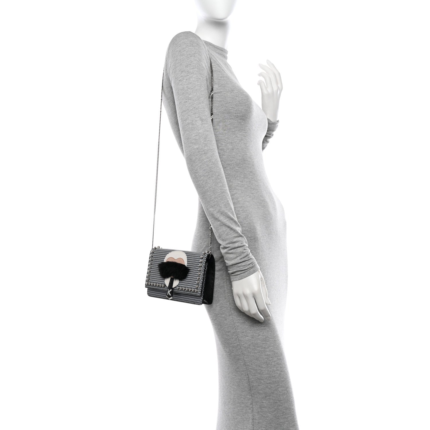 Fendi Vitello Elite Mink Fur Studded Karlito Tube Wallet On Chain Black White 2 of 12