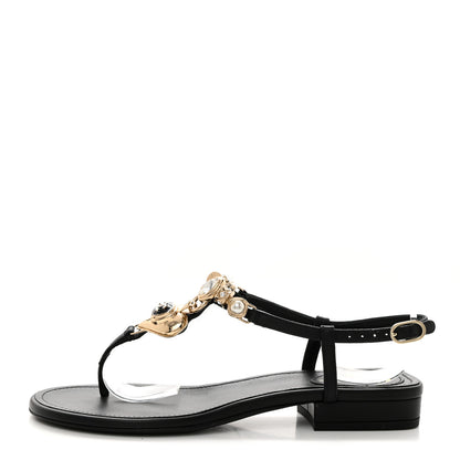Chanel Lambskin Metal Heart Thong Sandals 36 Black 1 of 10
