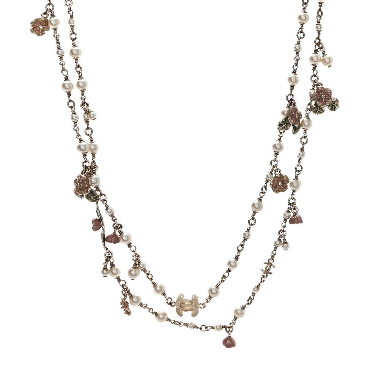 Pearl Enamel CC Camellia Long Necklace Gold Beige Pink