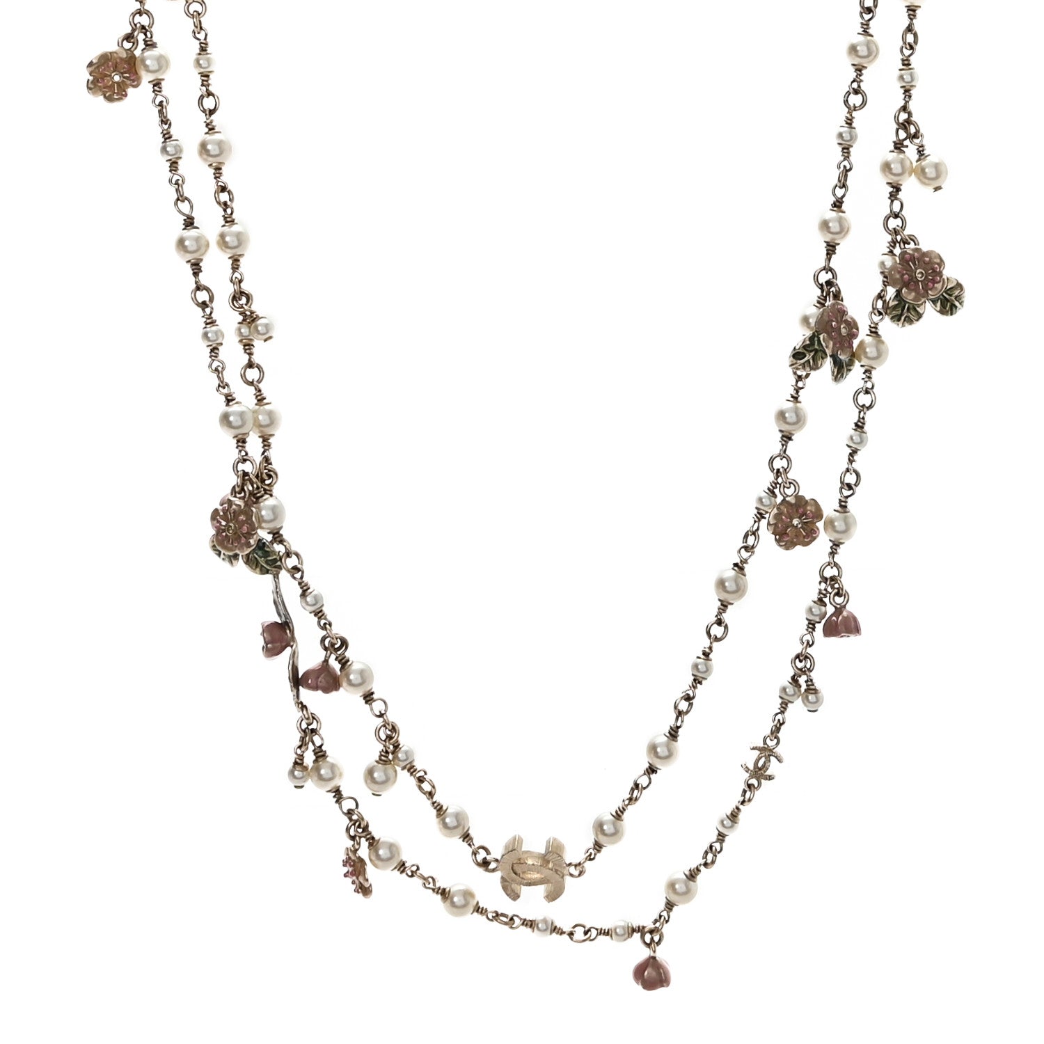 Chanel Pearl Enamel CC Camellia Long Necklace Gold Beige Pink 1 of 4