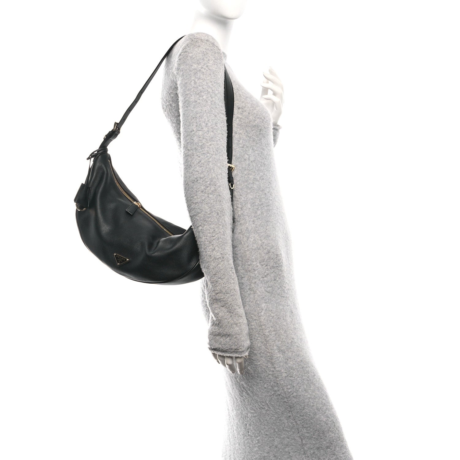 Prada Soft Grain Calfskin Large Demi-Lune Shoulder Bag Black 3 of 10