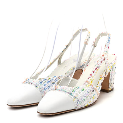 Chanel Tweed Lambskin Cap Toe CC Slingback Pumps 38 White Multicolor 3 of 9