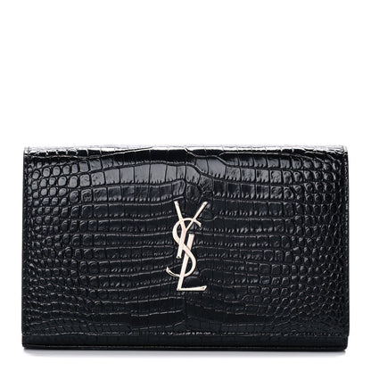 Saint Laurent Calfskin Crocodile Embossed Monogram Chain Wallet Black 1 of 11