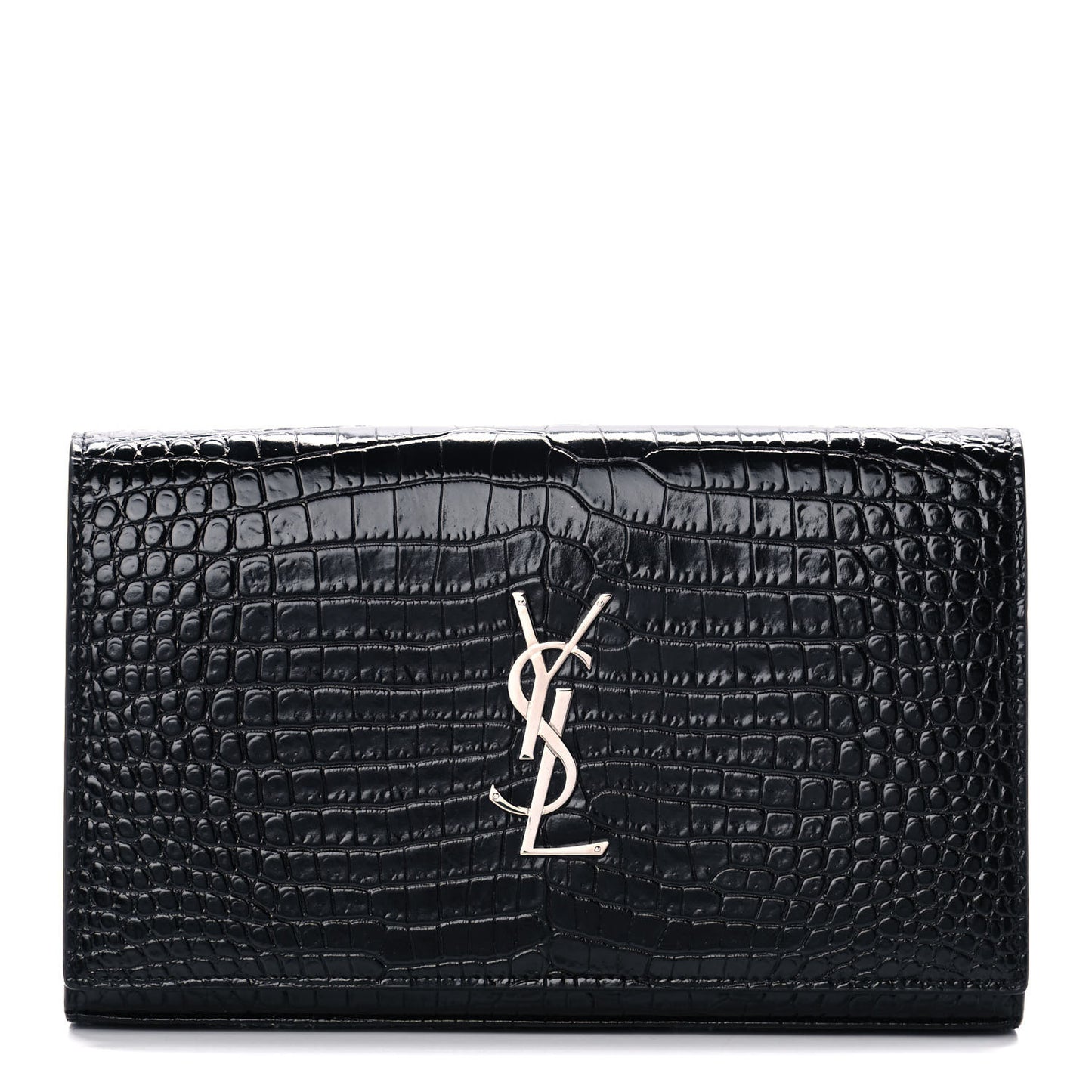 Calfskin Crocodile Embossed Monogram Chain Wallet Black