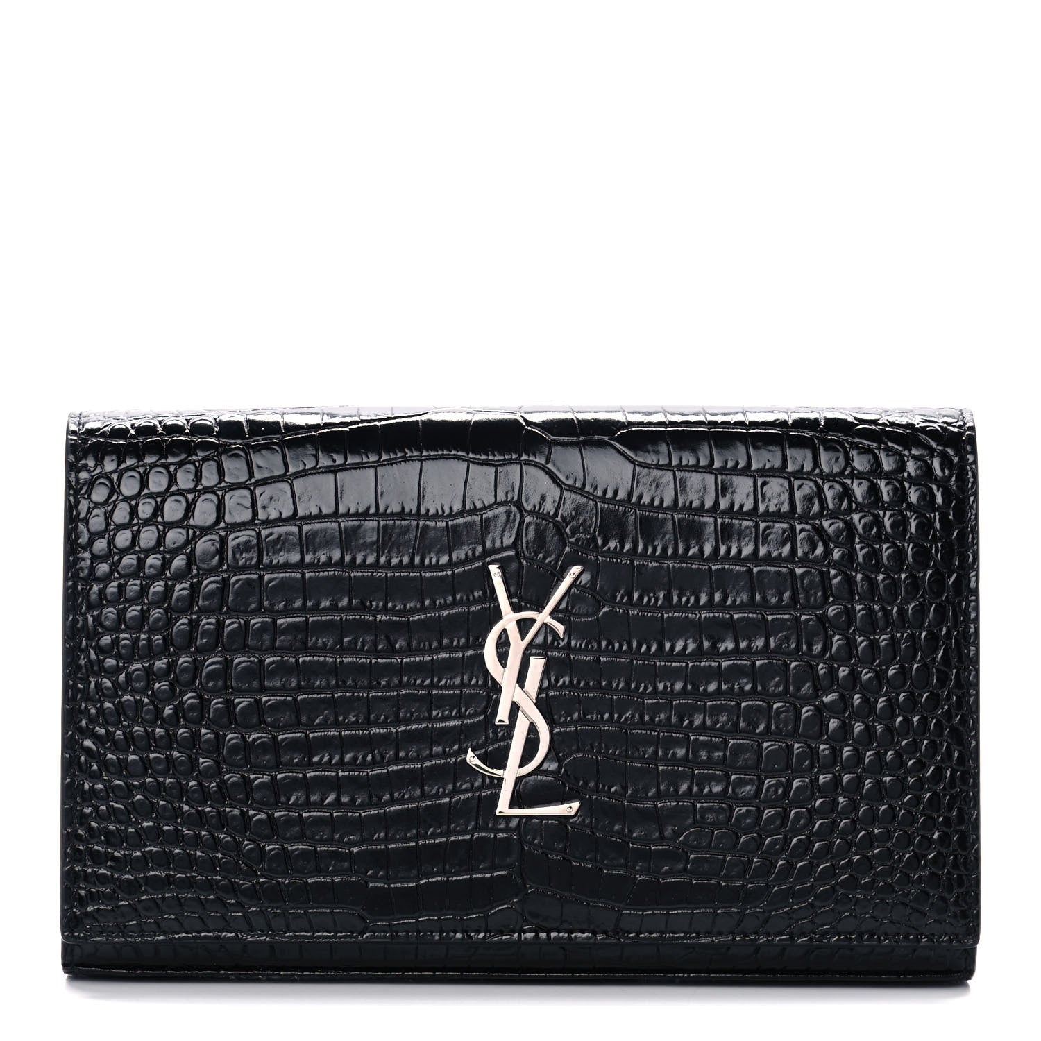 Saint Laurent Calfskin Crocodile Embossed Monogram Chain Wallet Black 1 of 18