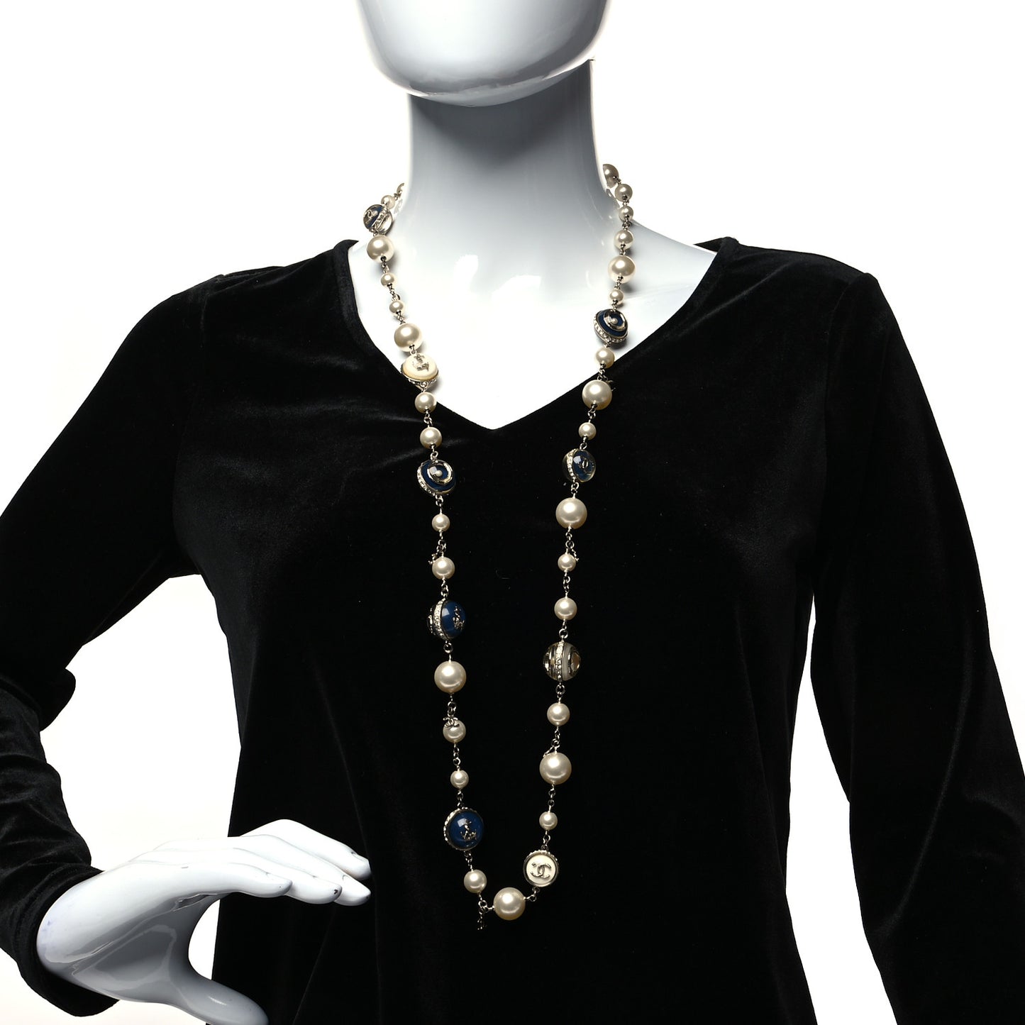 Pearl Resin Crystal CC Long Necklace Gold Blue