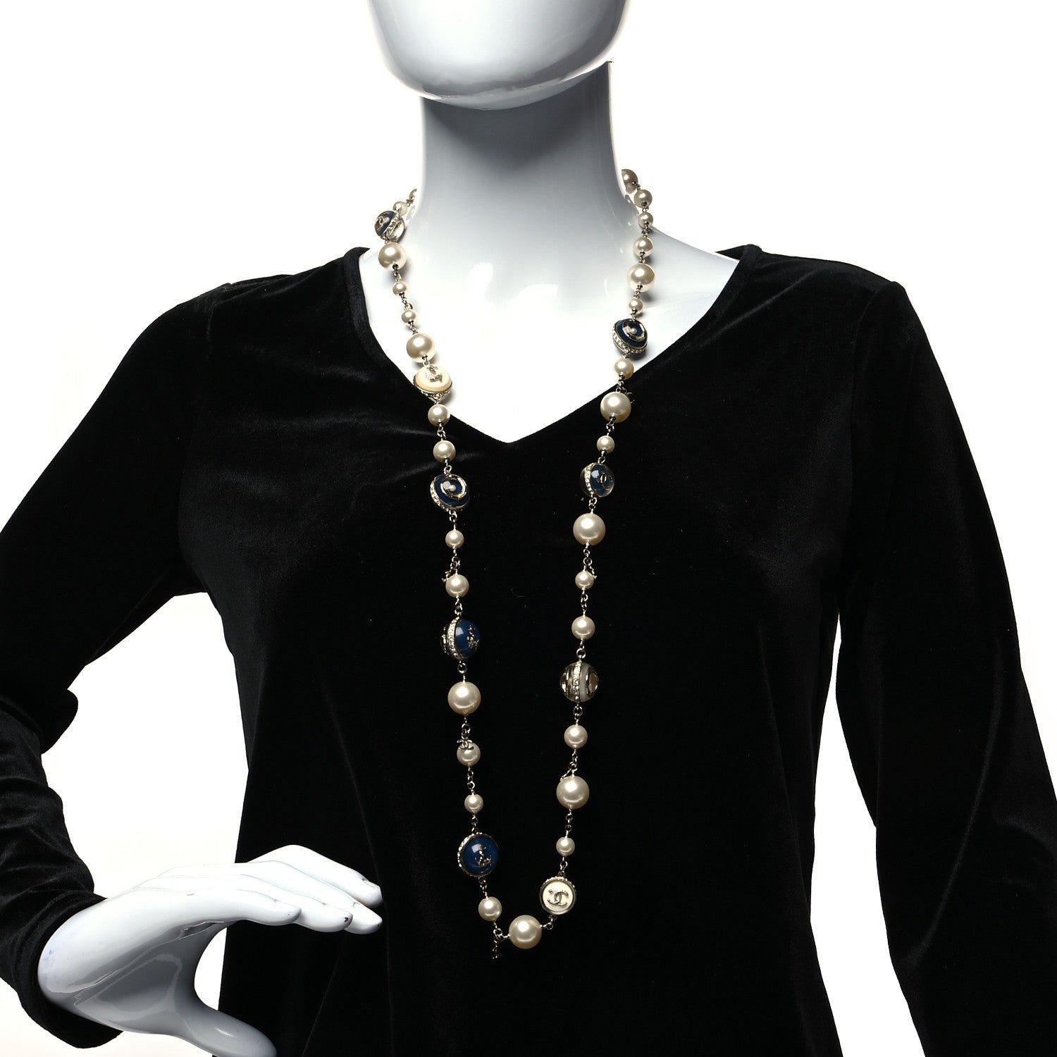 Chanel Pearl Resin Crystal CC Long Necklace Gold Blue 2 of 5