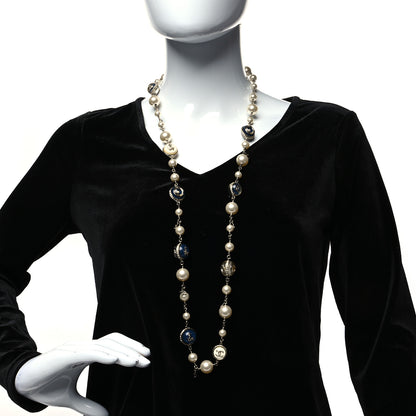 Chanel Pearl Resin Crystal CC Long Necklace Gold Blue 2 of 5