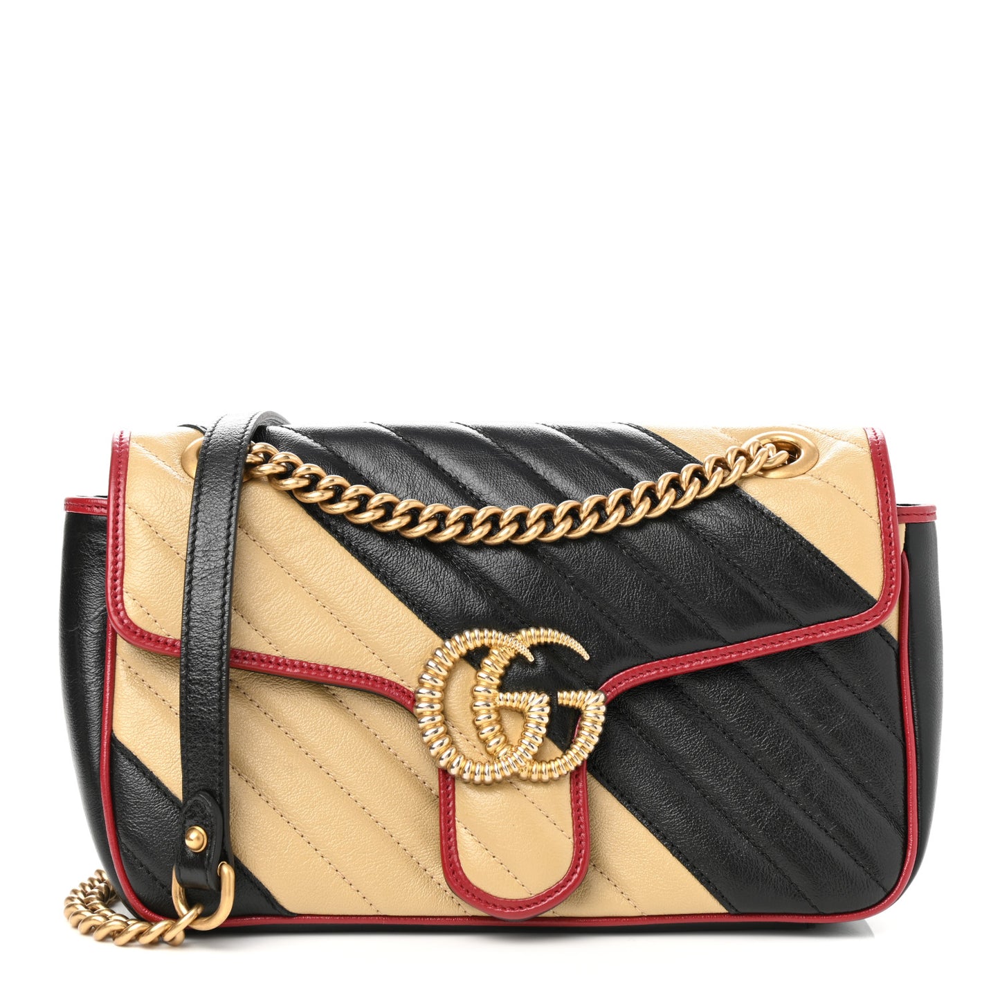 Vintage Effect Calfskin Matelasse Diagonal Striped Small Torchon GG Marmont Shoulder Bag Black Beige