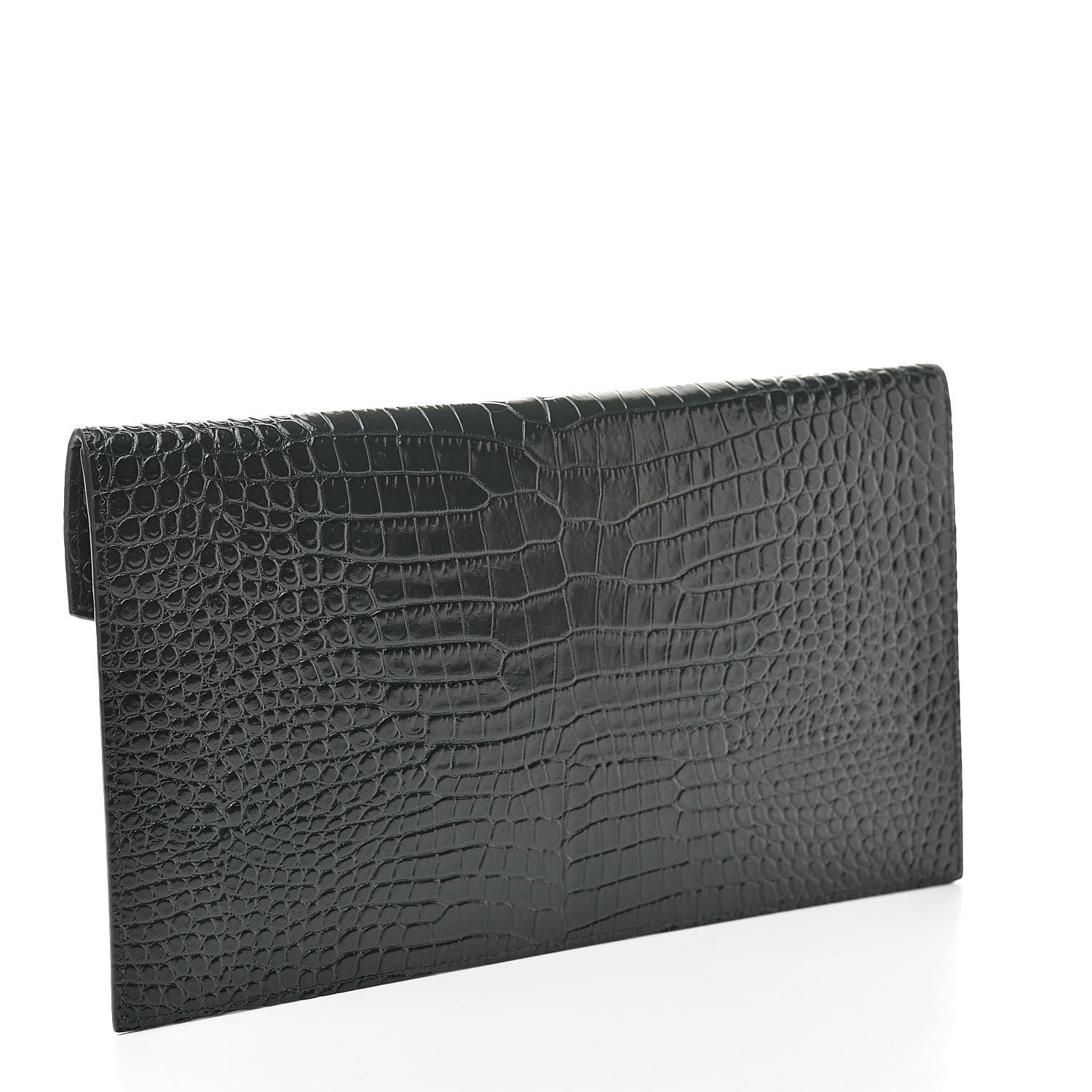 Saint Laurent Calfskin Crocodile Embossed Uptown Monogram Clutch Dark Green 3 of 8