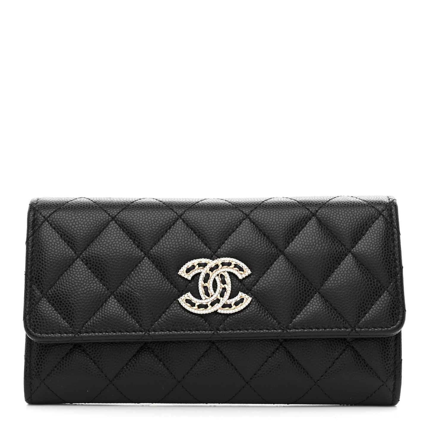Caviar Quilted Crystal CC Large Gusset Flap Wallet Black