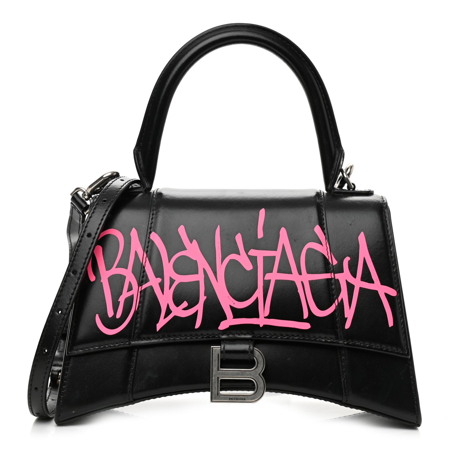 Shiny Box Calfskin Graffiti Logo Small Hourglass Top Handle Bag Black Pink