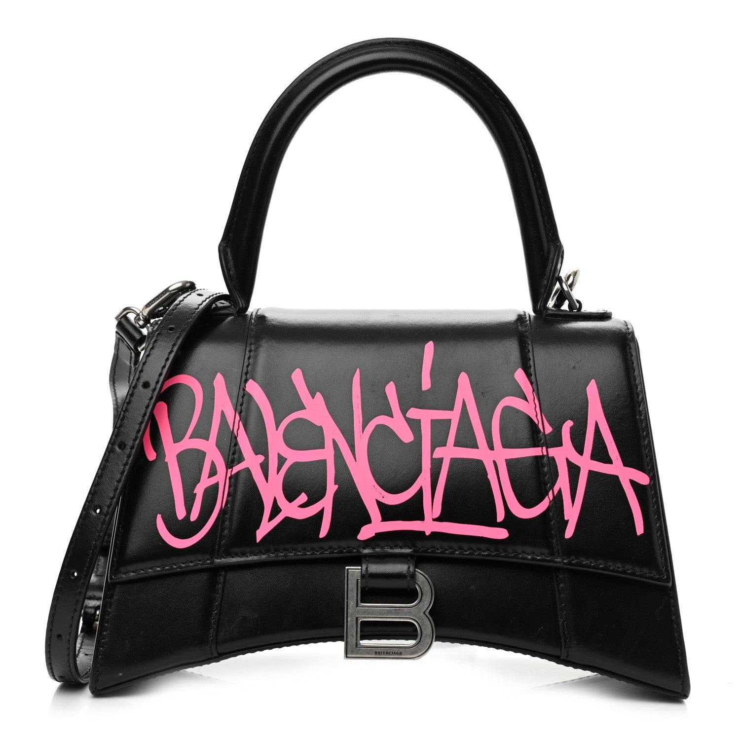 Balenciaga Shiny Box Calfskin Graffiti Logo Small Hourglass Top Handle Bag Black Pink 1 of 11