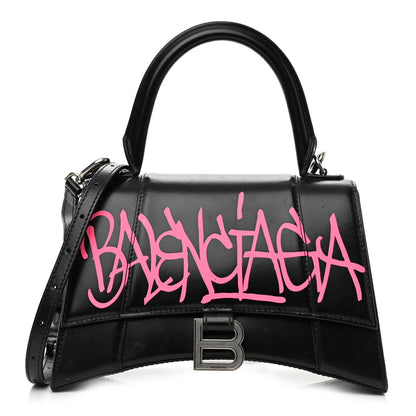 Balenciaga Shiny Box Calfskin Graffiti Logo Small Hourglass Top Handle Bag Black Pink 1 of 11