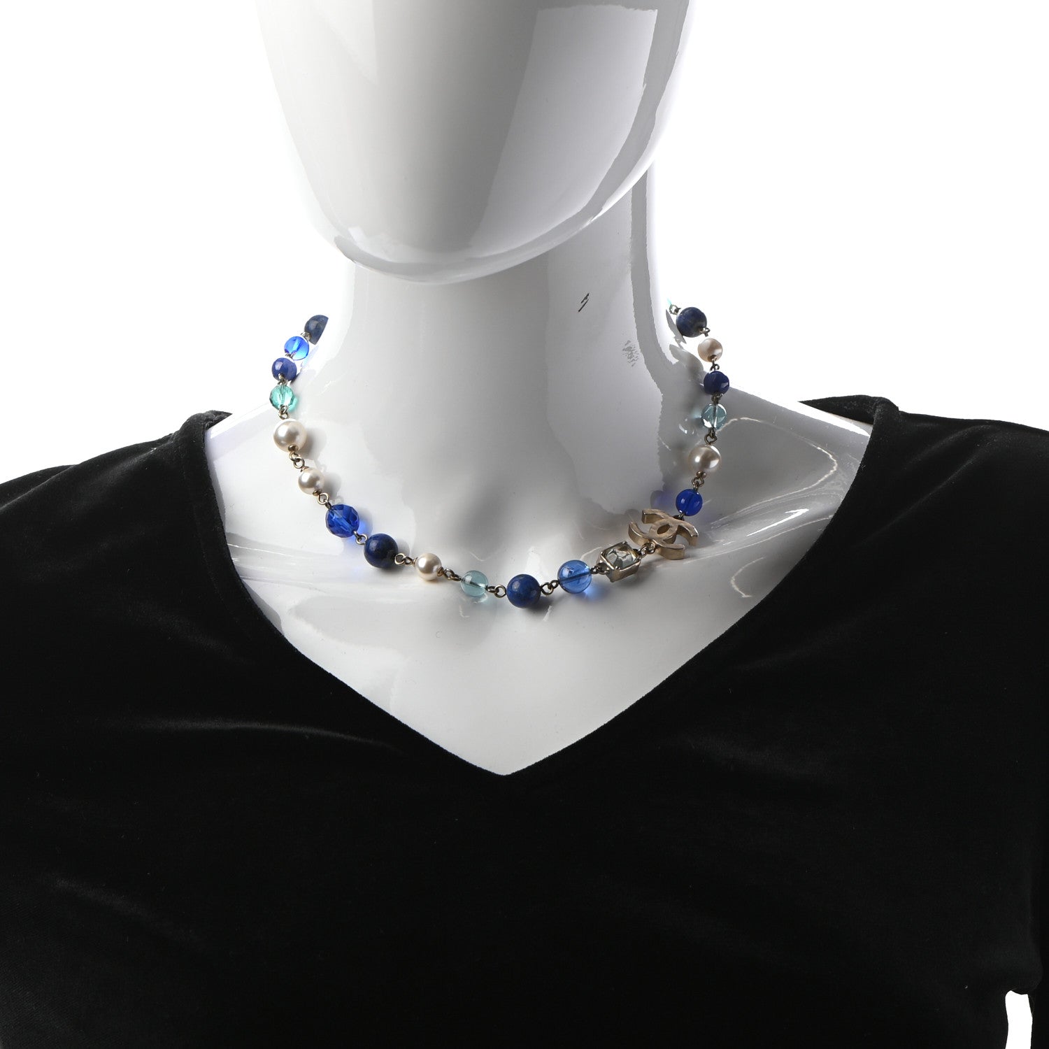 Chanel Ruthenium Pearl Beaded CC Short Necklace Silver Blue 2 of 5