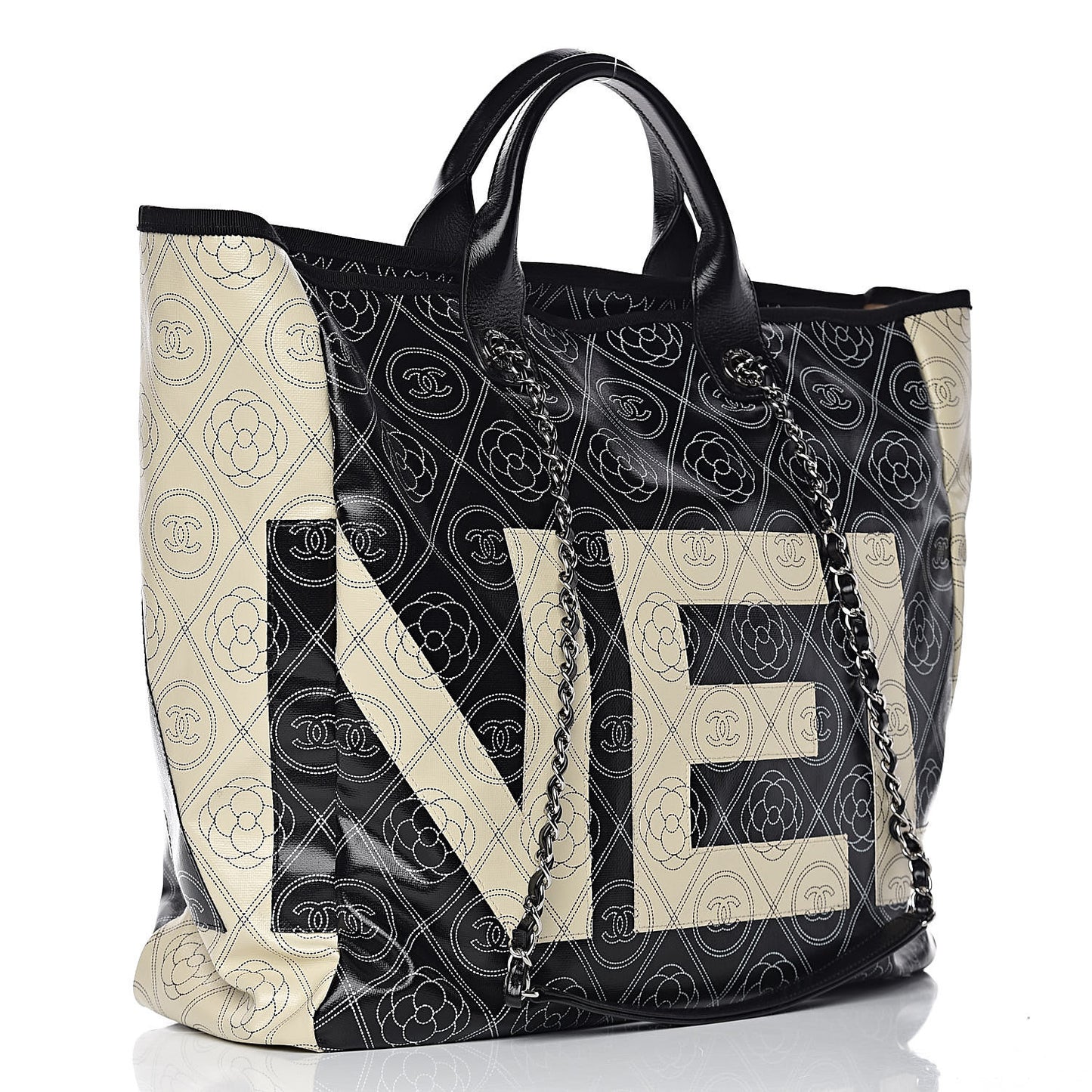 Coated Canvas Camellia Medium Shopping Tote Black Beige