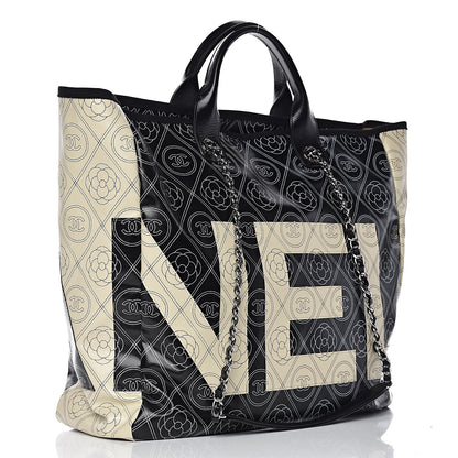 Chanel Coated Canvas Camellia Medium Shopping Tote Black Beige 3 of 13