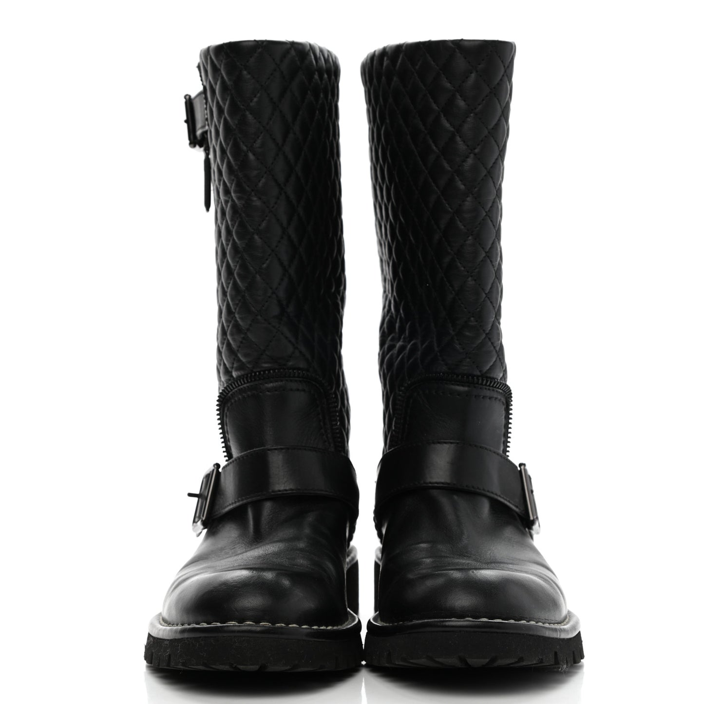 Calfskin Quilted Biker Boots 37 Black