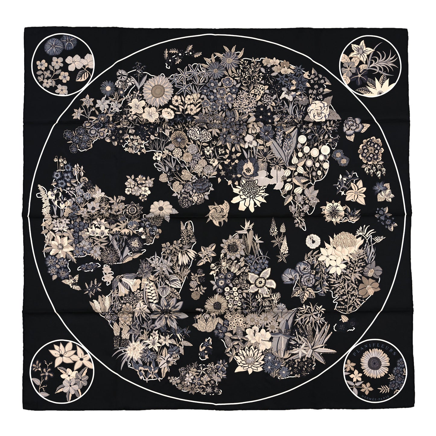 Silk Planifleurs Scarf 90 Black Gris Parchemin