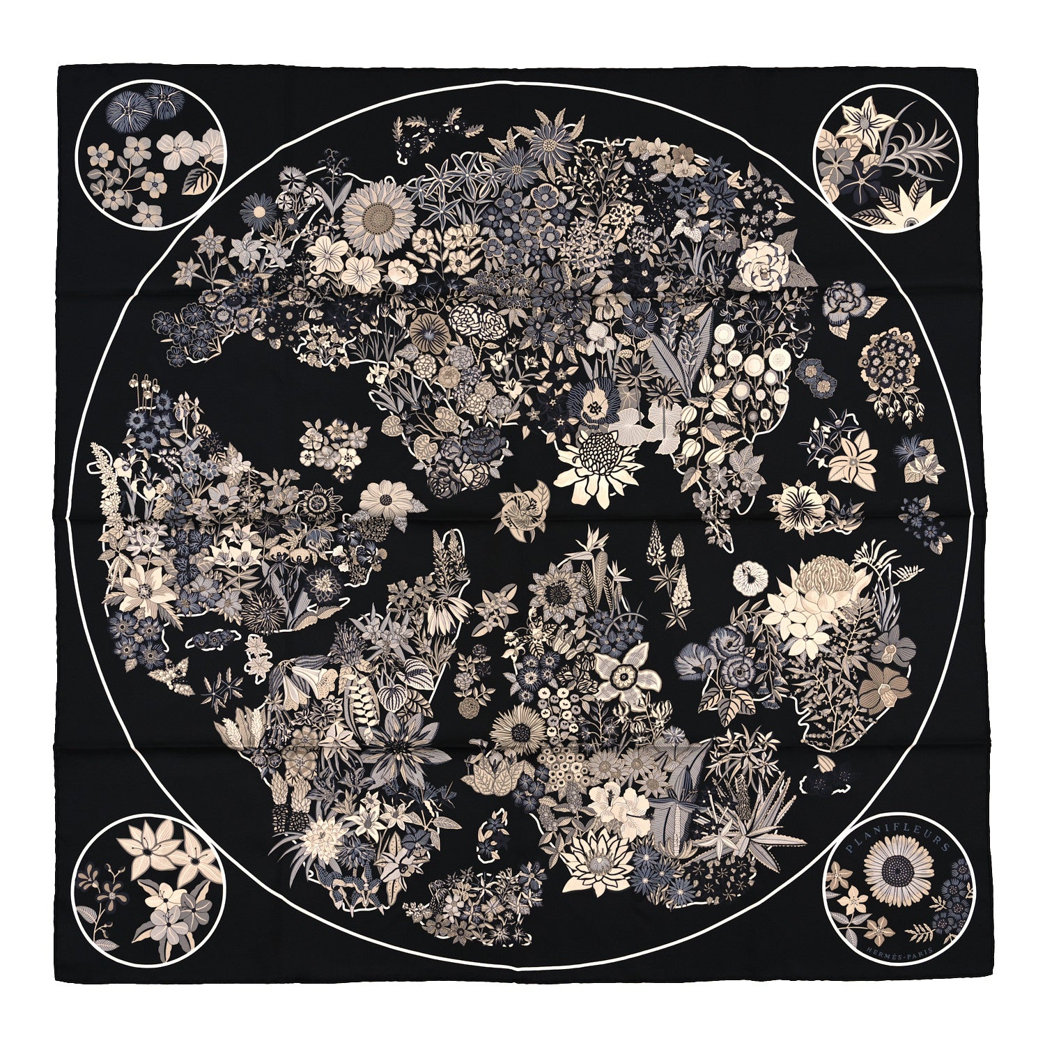 Hermes Silk Planifleurs Scarf 90 Black Gris Parchemin 1 of 3