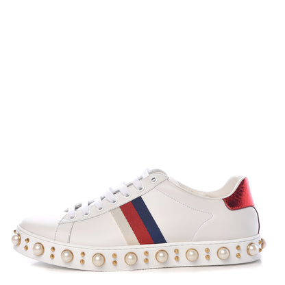 Gucci Calfskin Ayers Web Pearl Studded Womens Ace Sneakers 40.5 White 1 of 9
