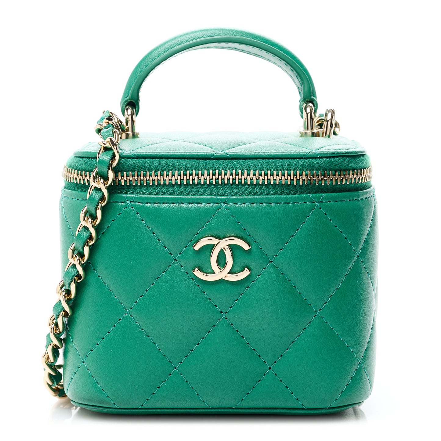 Lambskin Quilted Top Handle Mini Vanity Case With Chain Green