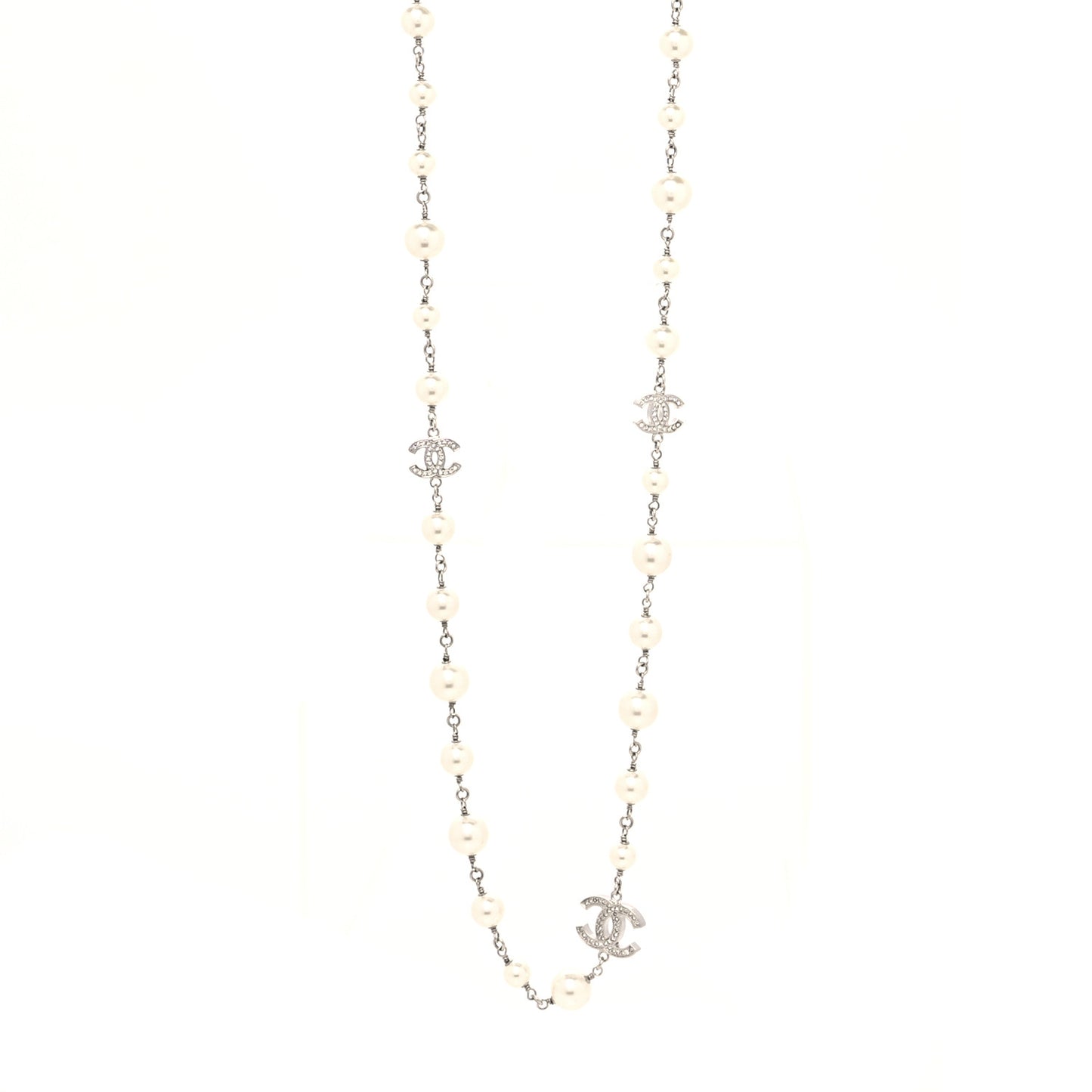 Graduated Pearl Crystal CC Long Necklace Silver