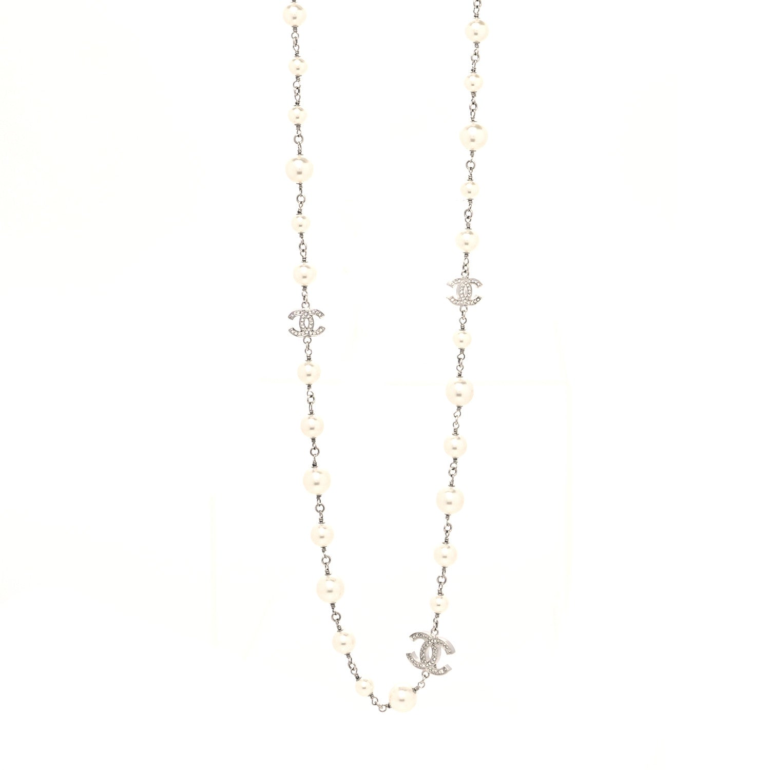 Chanel Graduated Pearl Crystal CC Long Necklace Silver 1 of 3