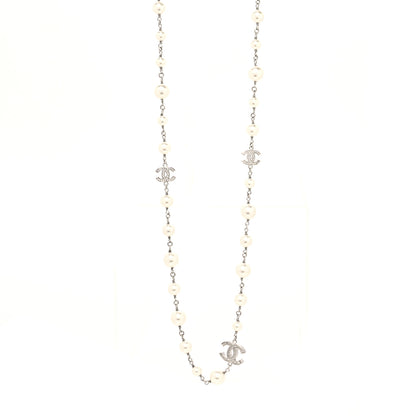 Chanel Graduated Pearl Crystal CC Long Necklace Silver 1 of 3