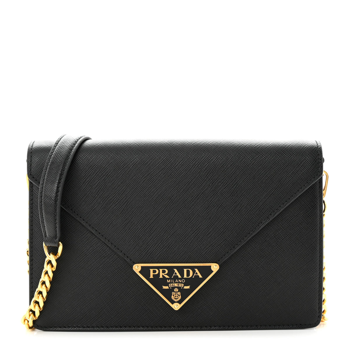 Saffiano Lux Metal Triangle Logo Mini Envelope Chain Shoulder Bag Black
