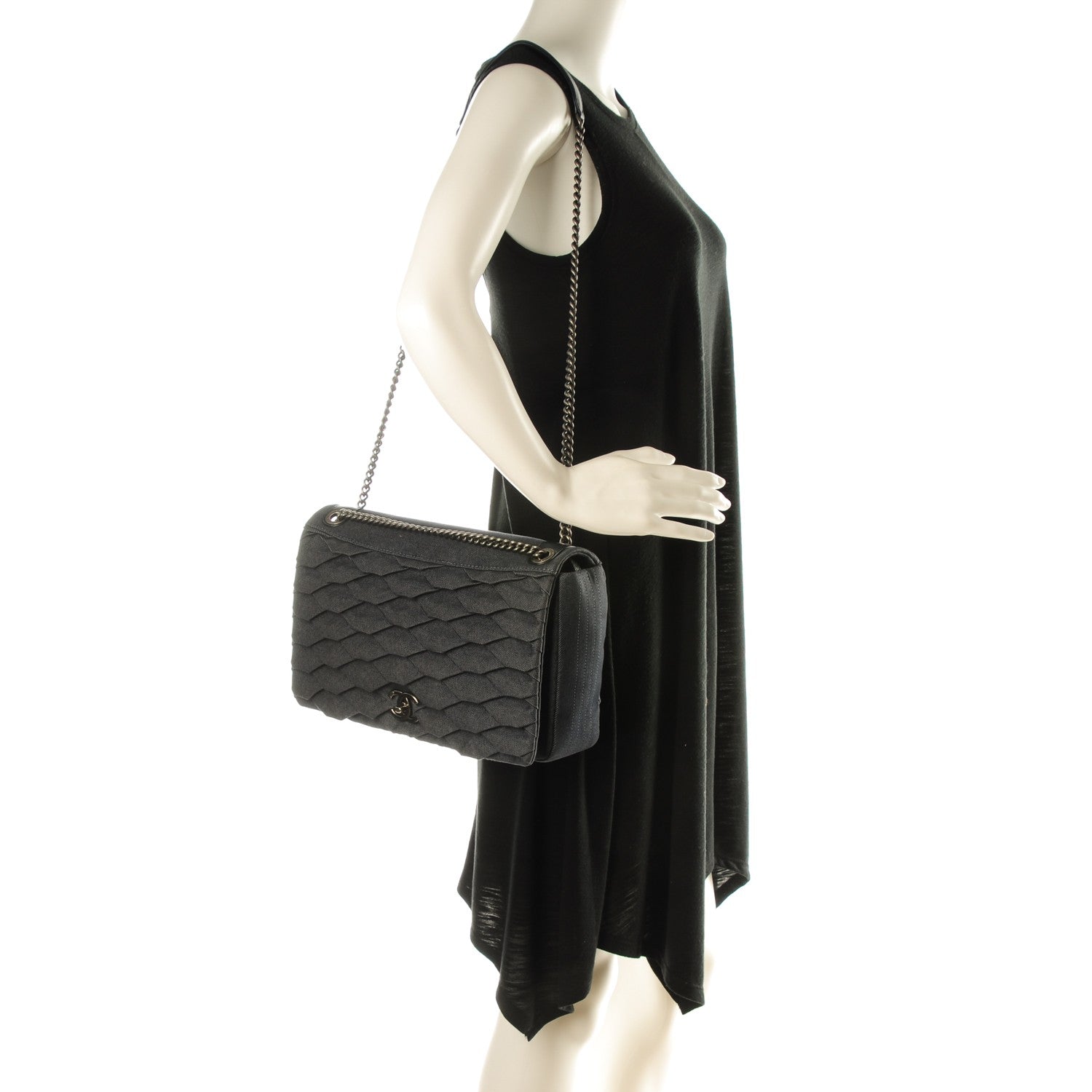 Chanel Denim Pleated Denim Turtle Flap Dark Blue 2 of 7