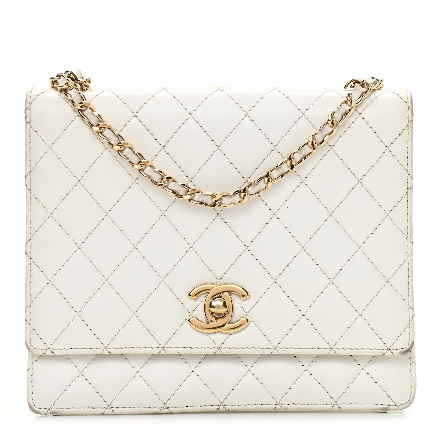 Lambskin Stitched Small Single Flap White