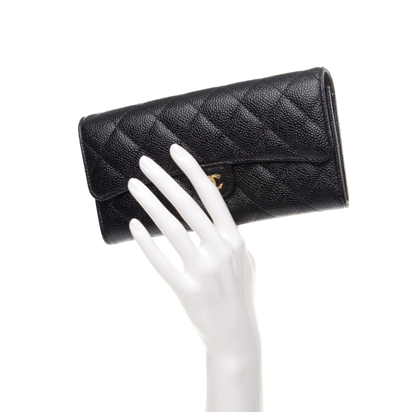 Caviar Quilted Large Gusset Flap Wallet Black