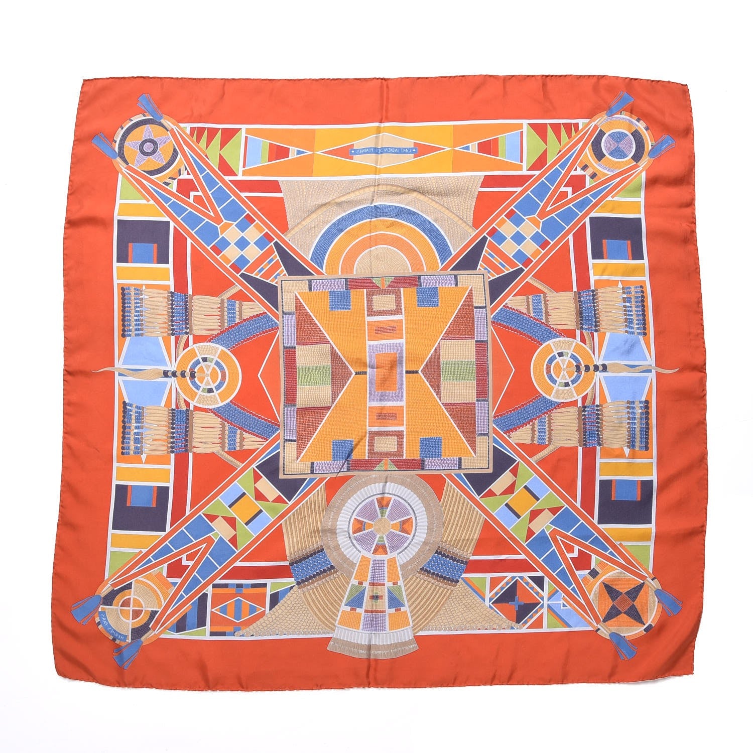 Hermes Silk L'Art Indien Scarf 90 Orange Jaune Bleu 3 of 9