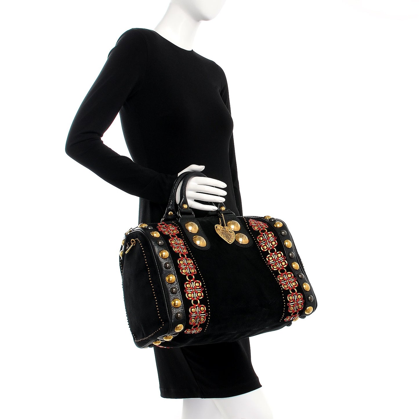 Suede Calfskin Large Babouska Studded Boston Black