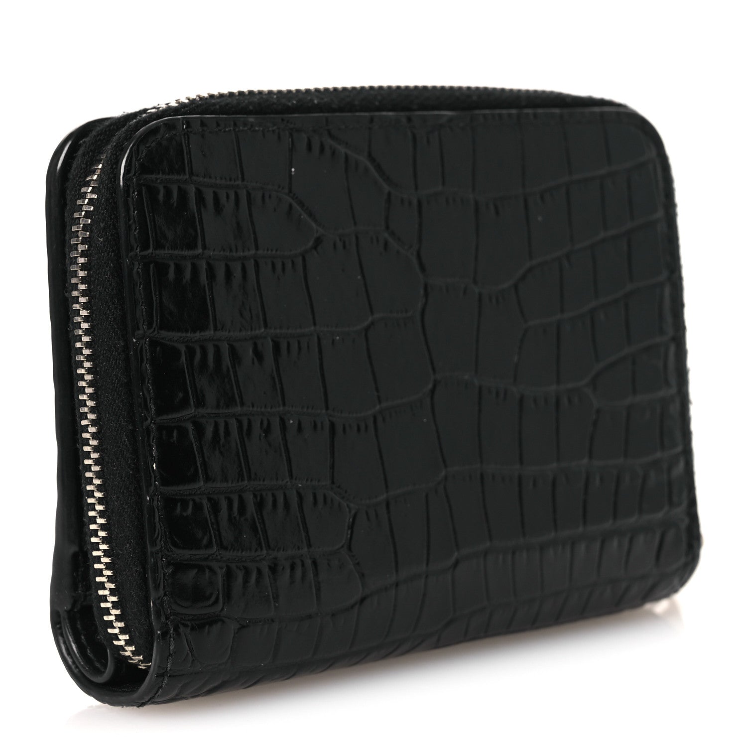 Saint Laurent Calfskin Crocodile Embossed Monogram Compact Wallet Black 3 of 9