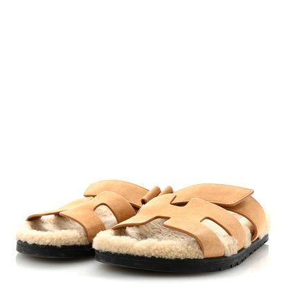 Hermes Suede Goatskin Woolskin Womens Chypre Sandals 37 Golden Beige 4 of 10