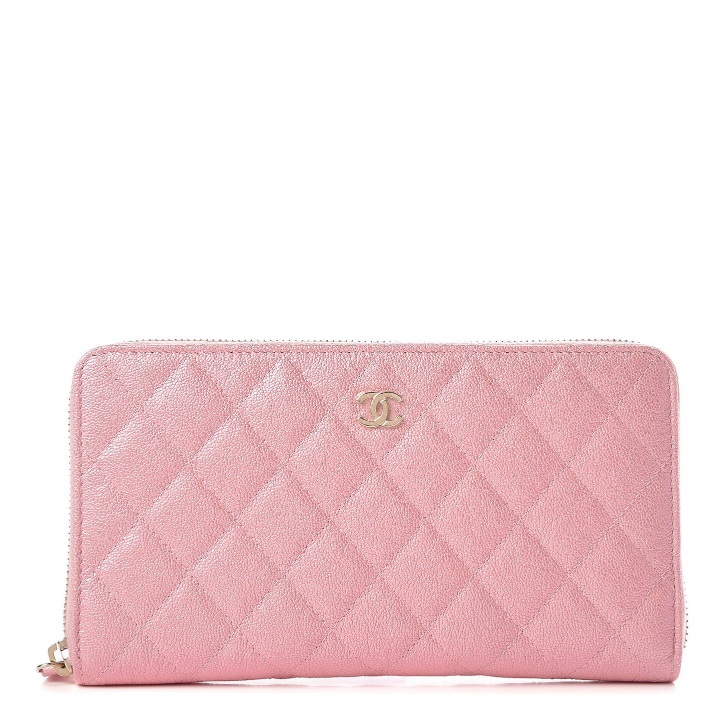 Iridescent Caviar Quilted Large Zip Around Organizer Wallet Pink
