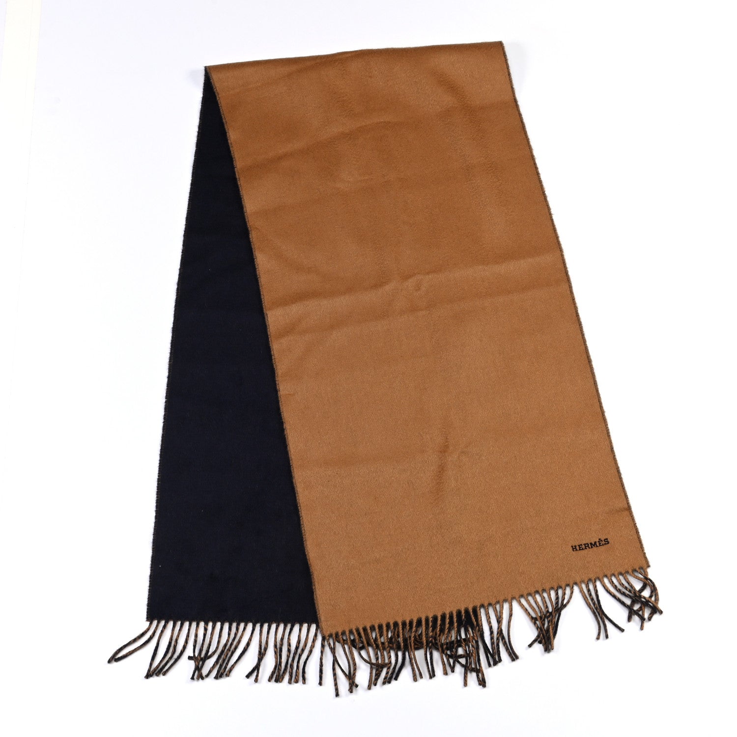 Hermes Cashmere Fringe Double Face Scarf Marine Bronze 2 of 4