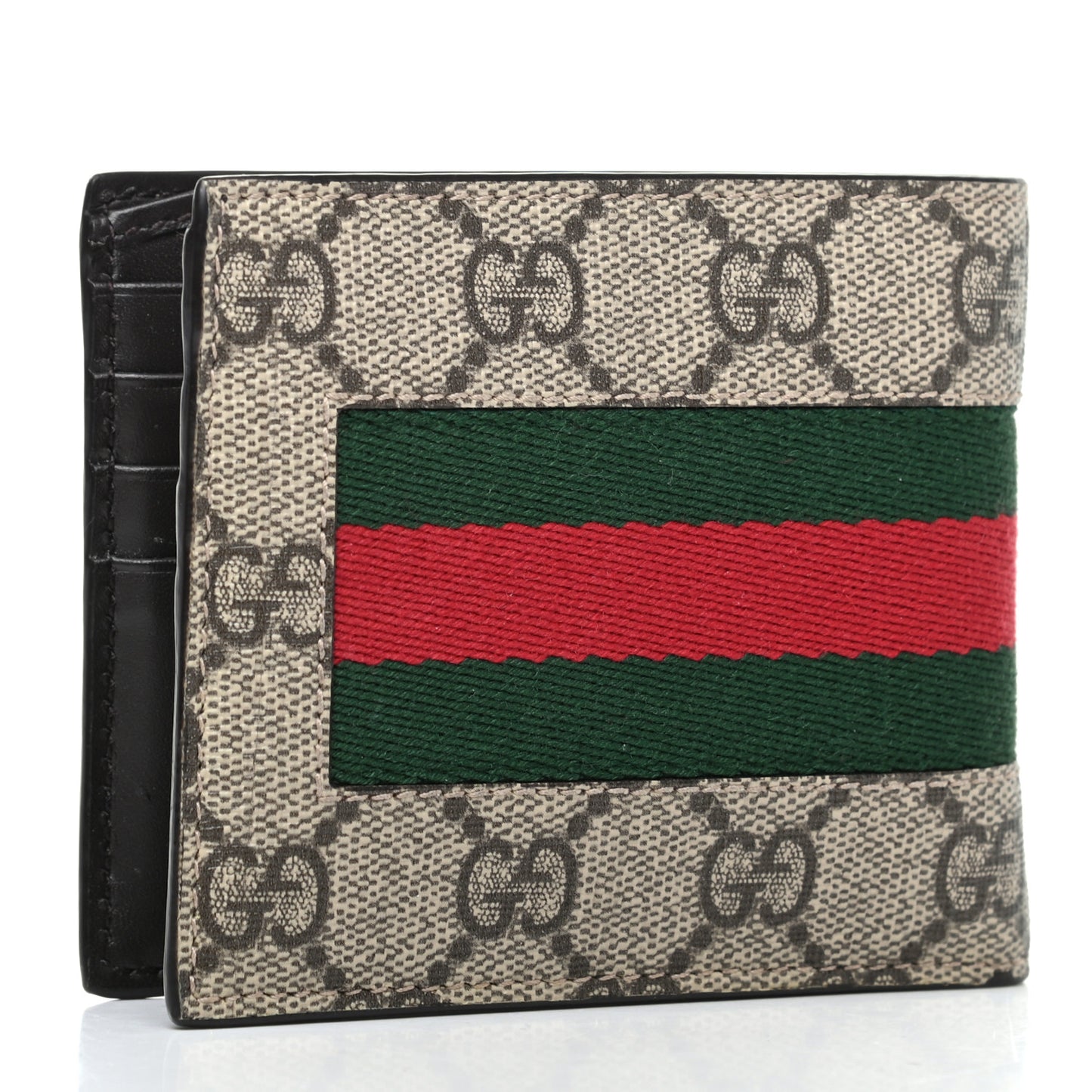 GG Supreme Monogram Selleria Calfskin Web New Web Bi-Fold Wallet Beige Ebony Cocoa
