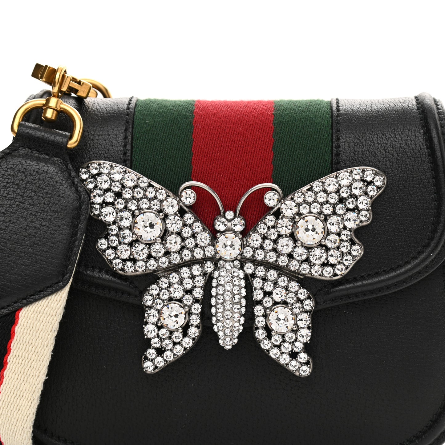 Calfskin Web Crystal Butterfly Stripe Small Totem Shoulder Bag Black