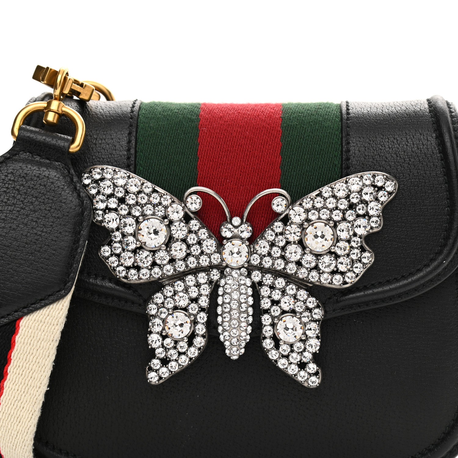 Gucci Calfskin Web Crystal Butterfly Stripe Small Totem Shoulder Bag Black 9 of 13