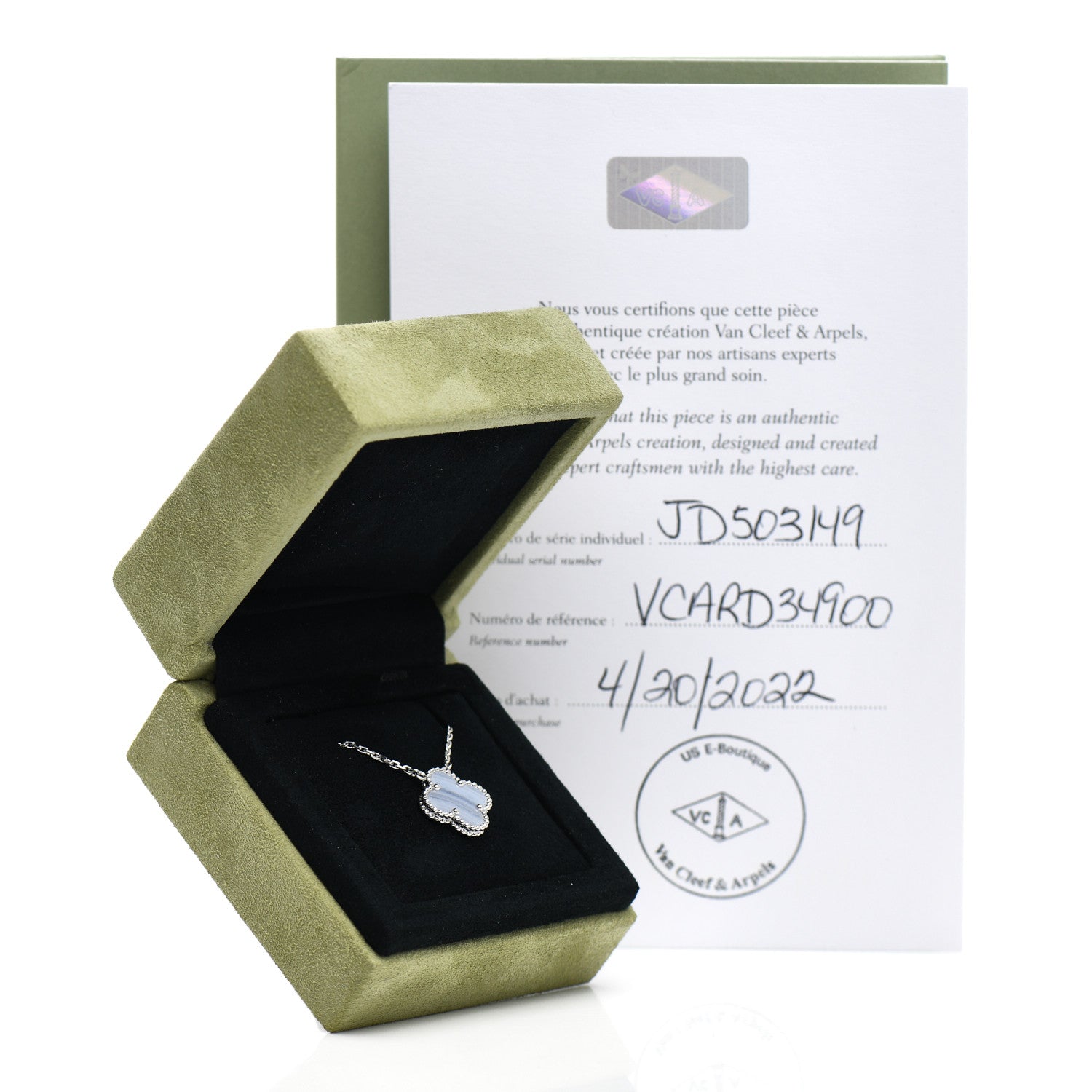 Van Cleef & Arpels 18K White Gold Chalcedony Vintage Alhambra Pendant Necklace 5 of 5