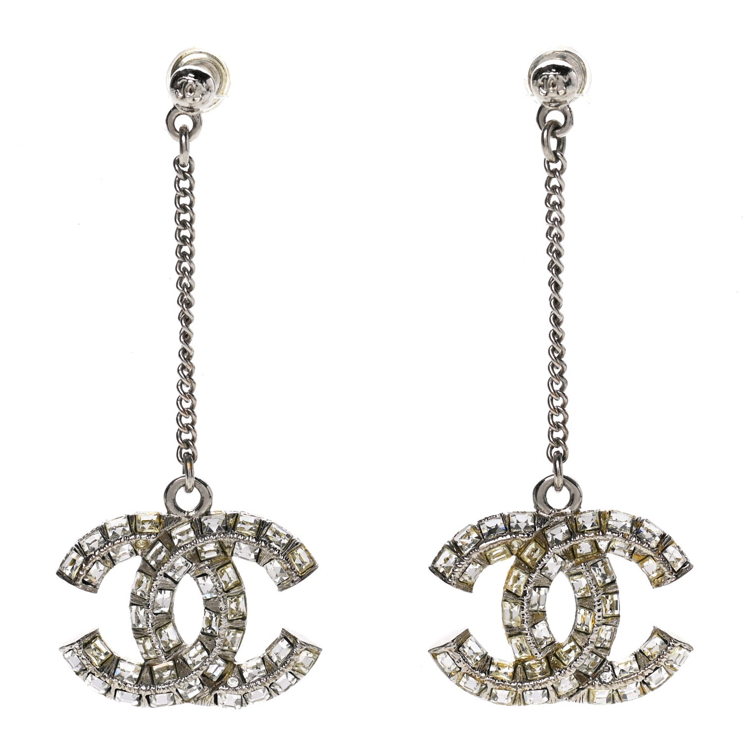 Baguette Crystal CC Drop Earrings Silver