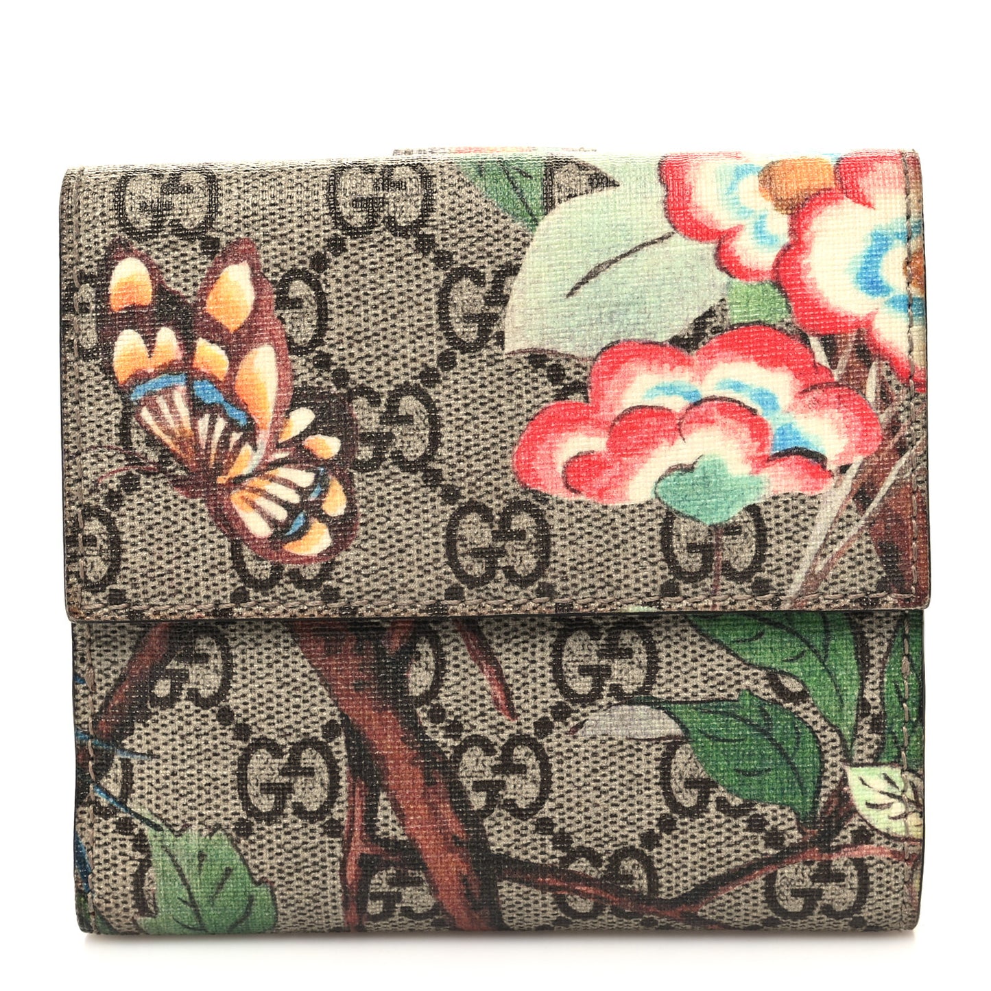 GG Supreme Monogram Tian French Flap Wallet Beige Multicolor Red