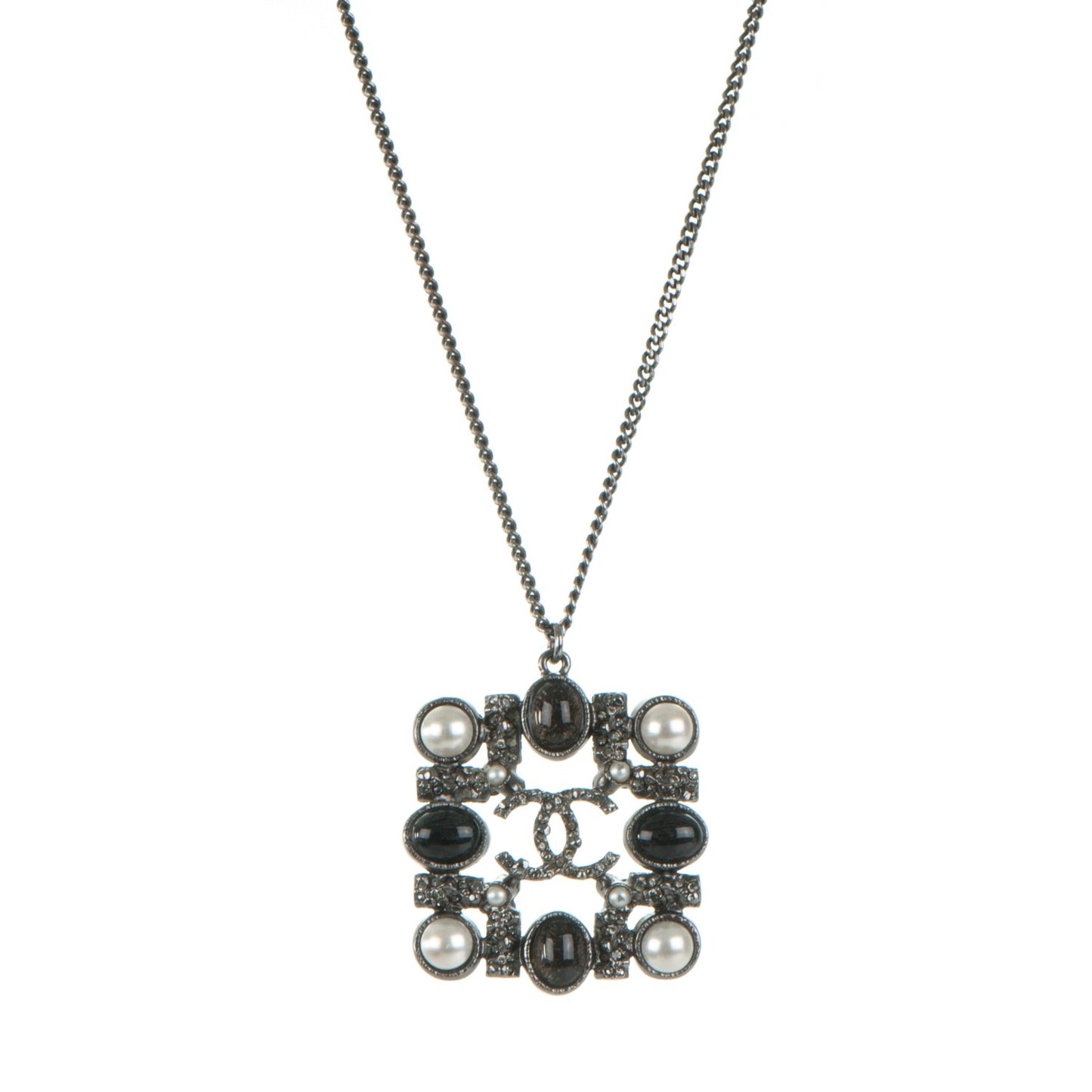 Crystal Pearl Bead CC Pendant Necklace Ruthenium