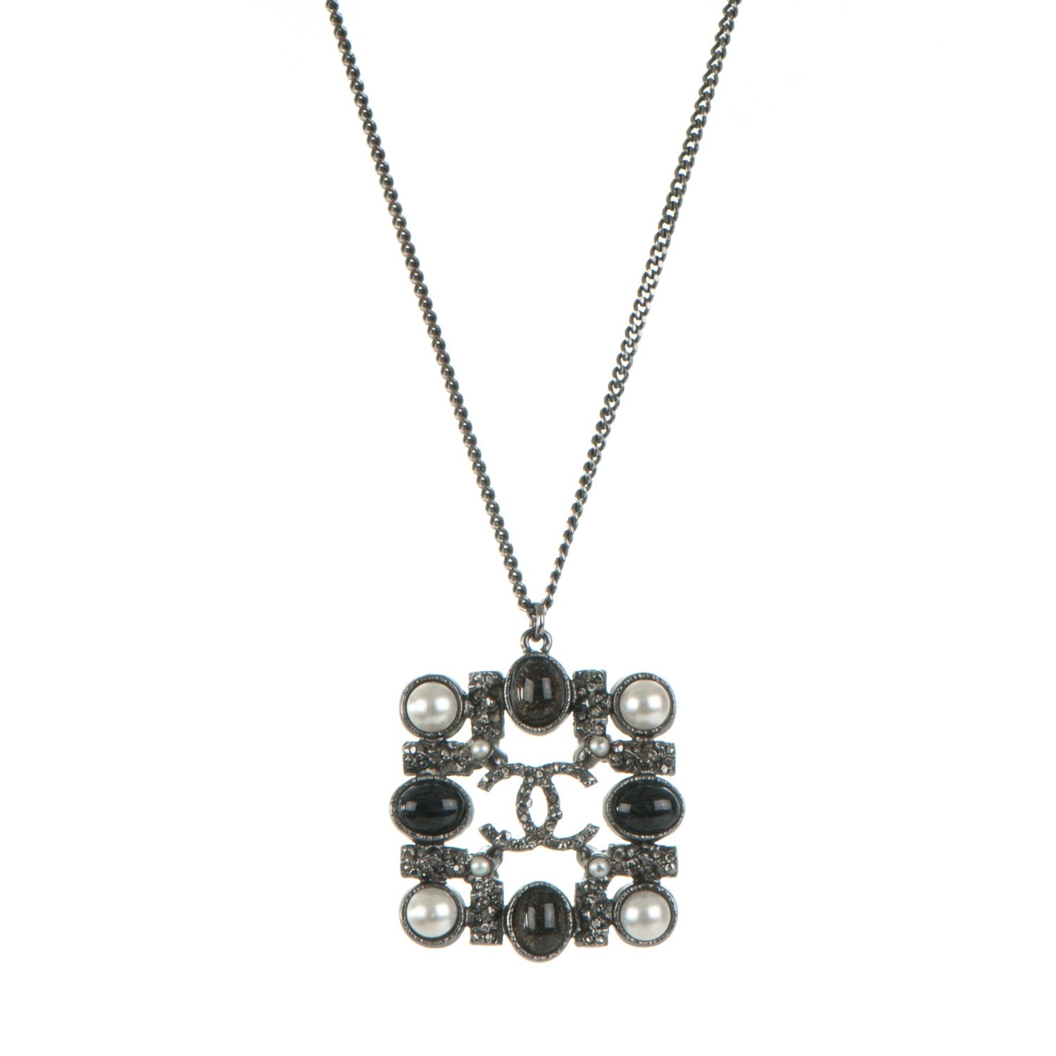 Chanel Crystal Pearl Bead CC Pendant Necklace Ruthenium 1 of 5