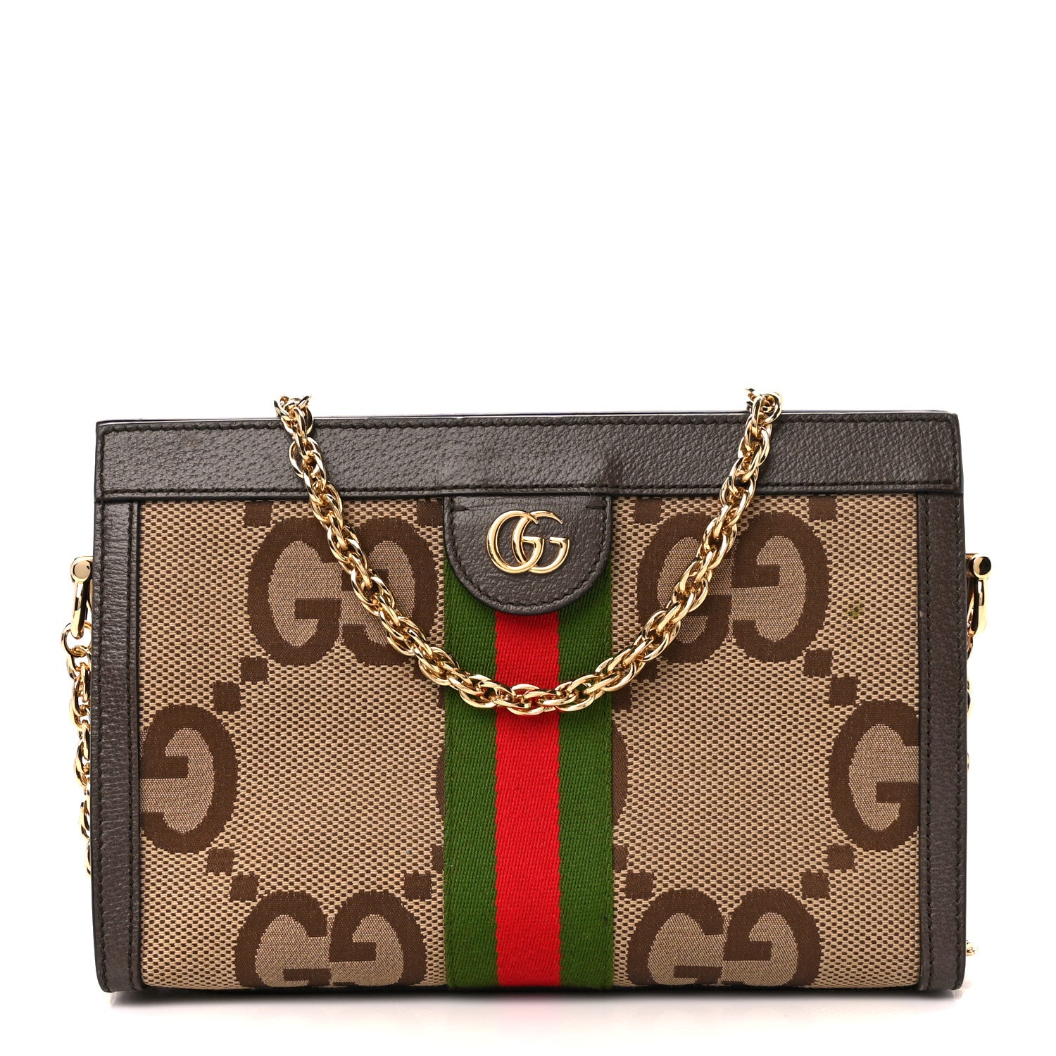 Gucci Monogram Jumbo GG Textured Dollar Calfskin Web Small Ophidia Chain Shoulder Bag Camel Ebony New Acero 1 of 13